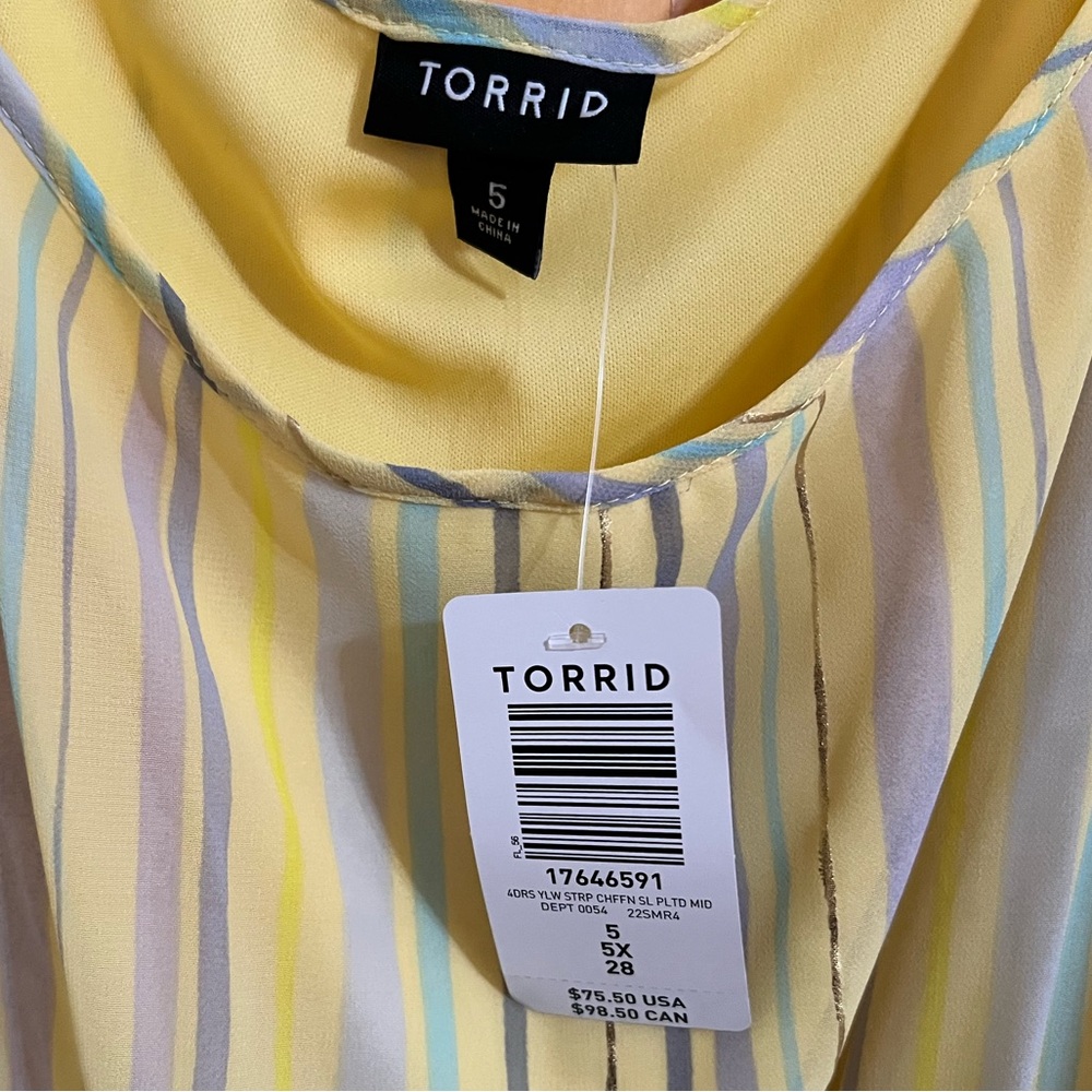 NWT Torrid Yellow Striped Midi Chiffon Pleated Dress - Picture 3 of 5